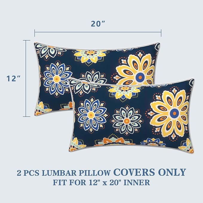 LVTXIII 2 Pack Outdoor Lumbar Pillow Covers 12x20 Inch with Piping, Water-Repellent Back Cushion Covers ONLY for Patio Furniture, Sofa, Garden Bench, Bloom Cobalt