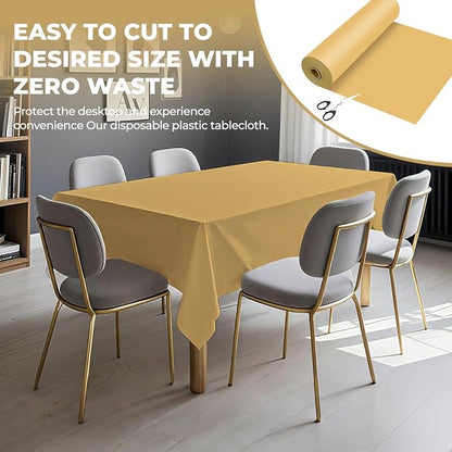 54 Inch X 100 Feet Plastic Table Cover Roll Premium Disposable Plastic Tablecloth for All Type/Shape Tables | Picnic, Party, Banquet, Birthdays, Weddings (Gold, 54 Inch X 100 Feet)
