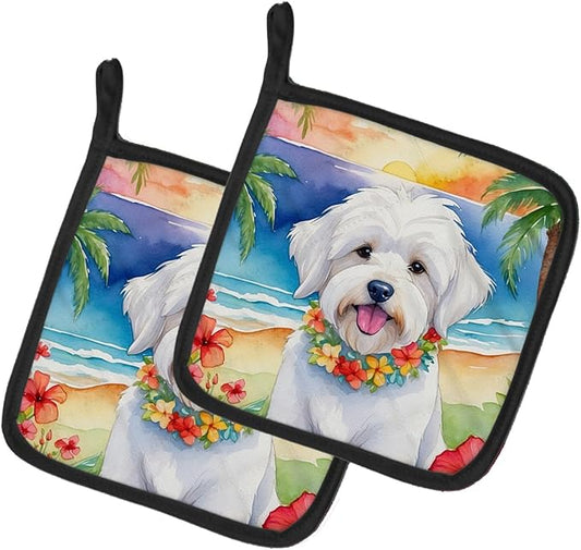 Caroline's Treasures Coton de Tulear Luau Pair of Pot Holders Kitchen Heat Resistant Pot Holders Sets Oven Hot Pads for Cooking Baking BBQ, 7 1/2 x 7 1/2