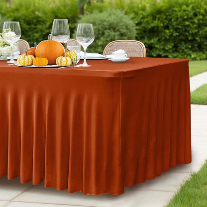 HolidayIdeas 6 Pack Rust Spandex Table Skirts 6ft Fall Tablecloths Ruffle | Stretchy Table Covers, Thanksgiving Decorations, Wrinkle Resistant Table Cloths For 30x72, Rectangle Tables for Autumn Event