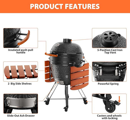 ROOMTEC 18-Inch Kamado Ceramic Charcoal Grill, Portable Grill Charcoal with Cart/Side Shelves/Cover, Tabletop Barbecue Grill for Home Party and Outdoor Backyard Cooking, Black