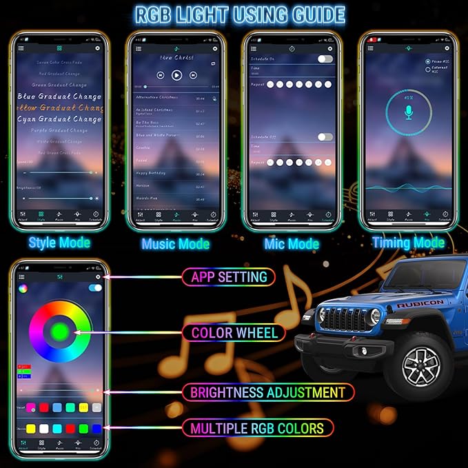 RGB LED Front Bumper Grille Lights Compatible with 2024-2025 Jeep Wrangler JL JLU JT Original Factory Grille, RGB Adjustable Atmosphere Exterior Grill Lights Remote APP Control, 4PCS