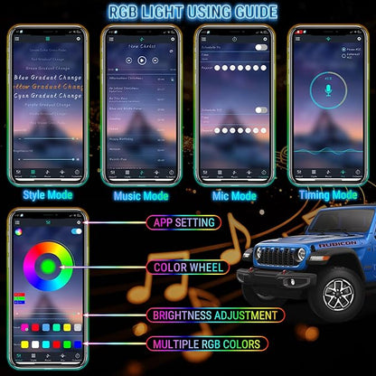 RGB LED Front Bumper Grille Lights Compatible with 2024-2025 Jeep Wrangler JL JLU JT Original Factory Grille, RGB Adjustable Atmosphere Exterior Grill Lights Remote APP Control, 4PCS