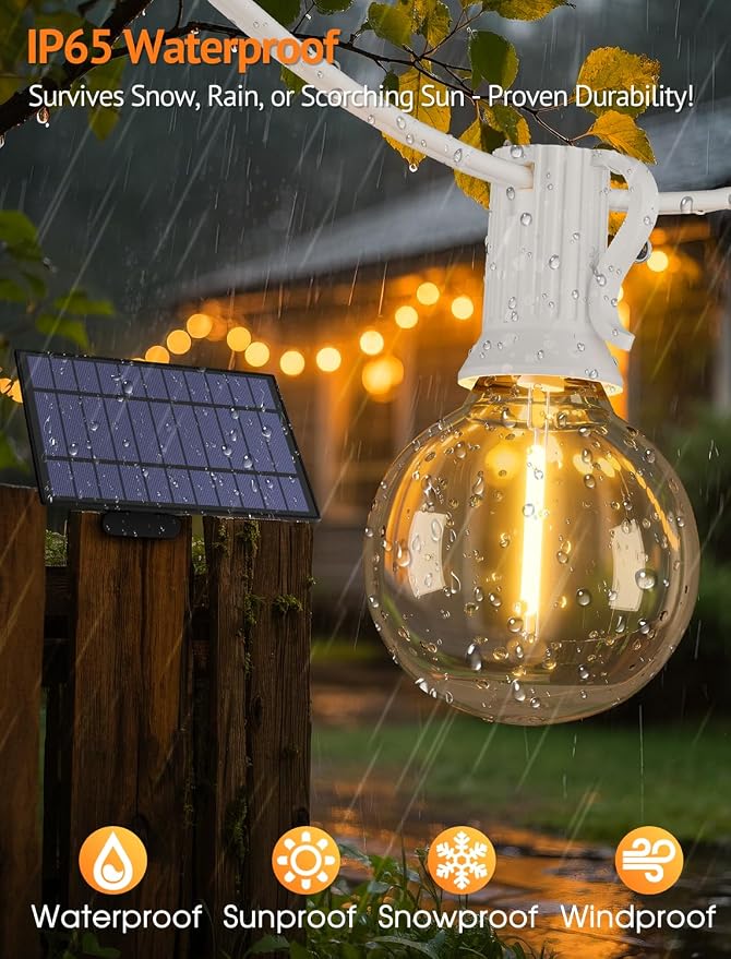 25FT Solar String Lights with Remote, 3 Modes, 11 G40 Bulbs, White | Solar Powered, Dusk to Dawn, Dimmable, Timer, Memory Function, LED Globe Hanging Lights for Garden Party Fence Decor