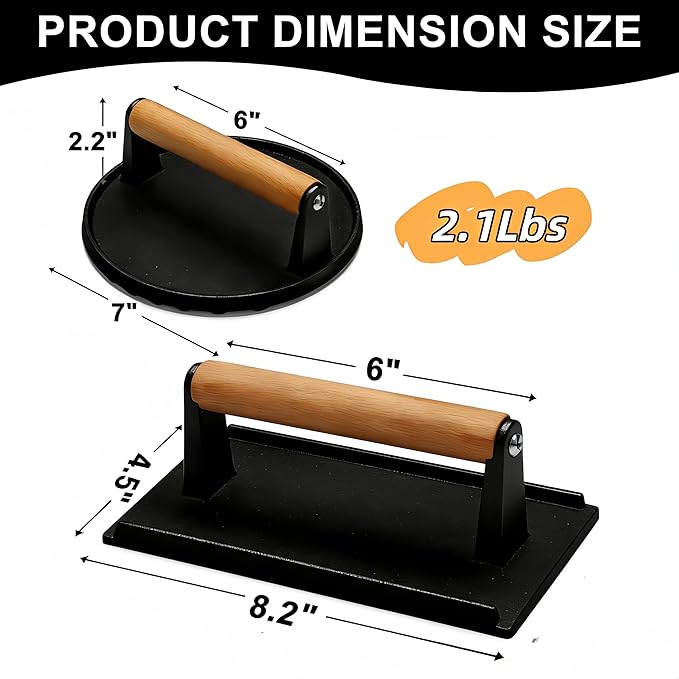 Cast Iron Smashed Burger Press,8.3" Rectangular Grill Press with Wooden Handle,Heavy-Duty Flat Edge Burger Tool for Crispy Smash Burgers,BBQ & Griddle Accessories (Rectangular)