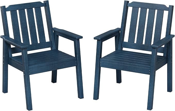 Outdoor Dining Chairs Set of 2, HDPE Patio Chairs 650LBS Capacity All-Weather Yard Armchair with Slatted Seat, 23.9" Wide Heavy Duty Modern Backyard Furniture for Garden, Poolside, Deck (Navy Blue)