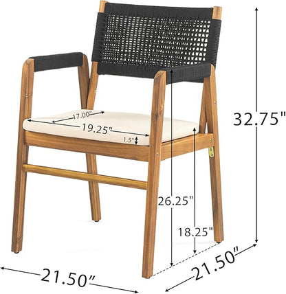 Christopher Knight Home Set of 2 Terry Farmhouse Country Patio Acacia Wood Dining Armchairs, Outdoor Side Chair with Rope Woven Backrest,Garden/Backyard Accent Chair with Cushions,Black+Natural Brown