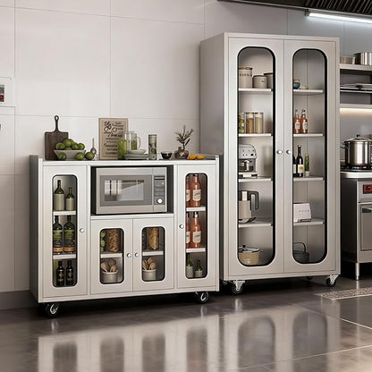 ZZV 68" Tall Stainless Steel Storage Cabinet with Wheels, Fully Assembled 5-Tier Kitchen Pantry Cabinet with Glass Doors for Garage, Utility Room, Laundry Room, Restaurant, Cafe, and Outdoor