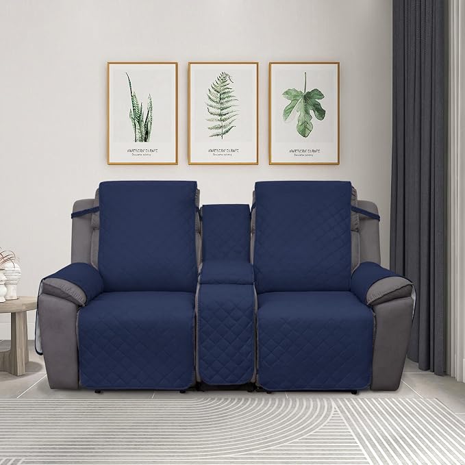 PureFit Water Resistant Reversible Loveseat Recliner Cover - Non Slip Furniture Protector for 2 Seat Recliner, Navy/Ivory | Double with Console, Non Slip Split Sofa Cover, Washable Reclining Cover, Navy/Ivory