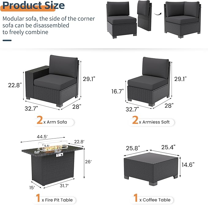 UDPATIO Patio Furniture Set, Outdoor Wicker Sectional Sofa with 8'' Wide Armrests, 6 Piece Modular Patio Conversation Set with Coffee Table for Backyard, Deck, Garden, Black