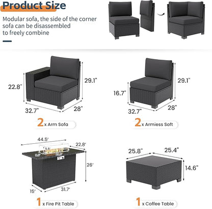 UDPATIO Patio Furniture Set, Outdoor Wicker Sectional Sofa with 8'' Wide Armrests, 6 Piece Modular Patio Conversation Set with Coffee Table for Backyard, Deck, Garden, Black