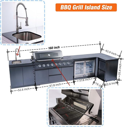 BBQ Grill Island Outdoor Kitchen: Luxury 160 Inch 6-Burner 96000 BTU Stainless Steel Built-in Propane Gas Barbecue Station with Wine Cooler Refrigerator, Rotisserie, Storage Cabinets, Drawers, Sink