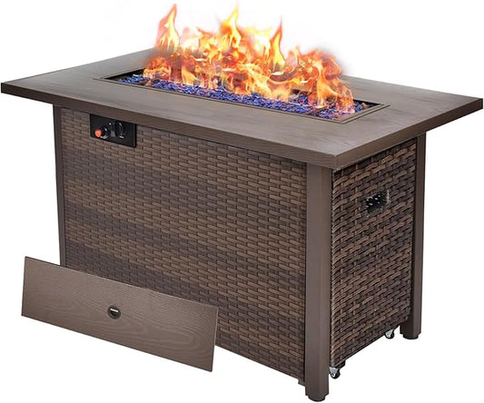 42" Propane Fire Pit, Outdoor Wicker Fire Pit Tables Rectangular Tabletop with Blue Glass Stones, 50000 BTU w/CSA-Certified and Tables for Outside Patio, Backard (Brown)