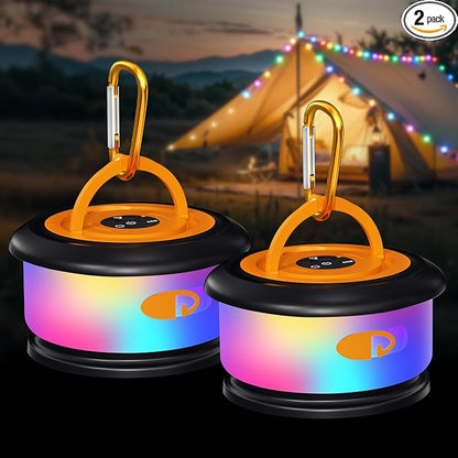 2-Pack Camping String Lights, Retractable 4 in 1 Camp Lights | 32.8FT Rechargeable Fairy Lamp Outdoor Waterproof, RGB Portable Hanging Lantern for Outside Tent Patio Awning RV Essentials