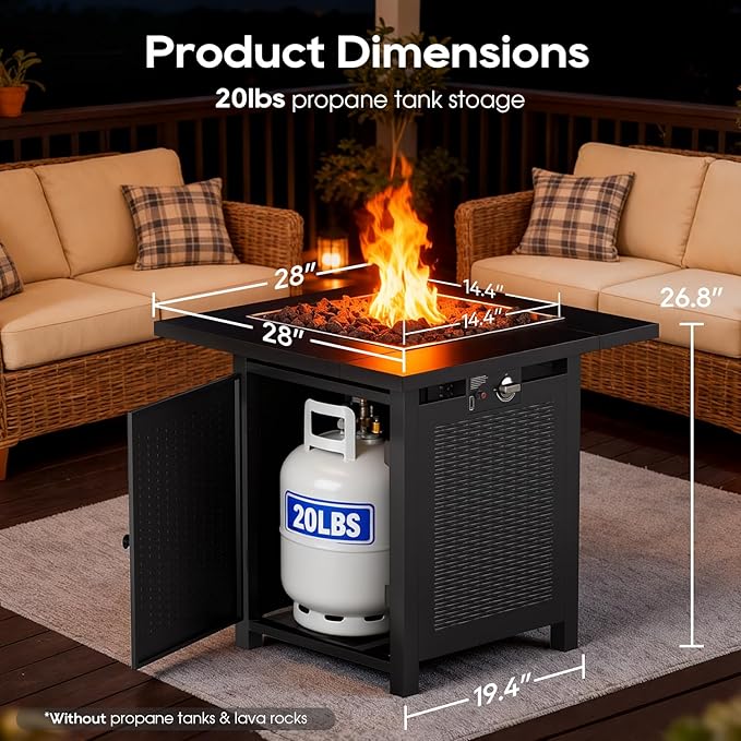 FDW 28-Inch Square Outdoor Propane Fire Pit Table, 50,000 BTU CSA Listed Gas Firepit with Lid & Lava Rock, Alloy Steel Patio Fire Pit Table for Patio Deck Garden