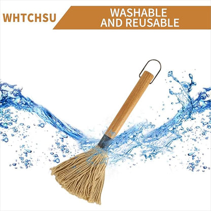 11.2 Inch BBQ Mop Brushes for Sauce, Grill Basting Mop Wooden Long Handle BBQ Mop with 1 Extra Replacement Heads for BBQ Grilling Smoking Steak