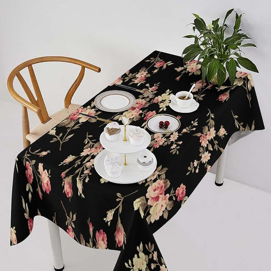 Vintage Flower Tablecloth, Black Pink Garden Florals Rustic Roses Boho Botanical Plant Water Resistant Wipeable Table Cover for Picnic Party Holiday Kitchen Dinner Table 60"x120"