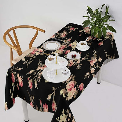 Vintage Flower Tablecloth, Black Pink Garden Florals Rustic Roses Boho Botanical Plant Water Resistant Wipeable Table Cover for Picnic Party Holiday Kitchen Dinner Table 60"x110"