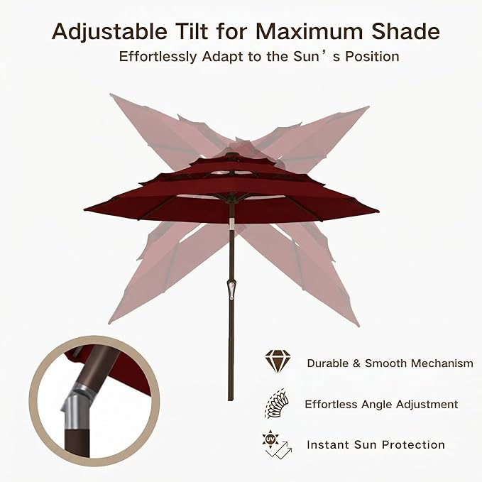 Kingdura 9ft 3-Tier Patio Umbrella, Outdoor Table Umbrella with Easy Crank & Tilt, 8 Reinforced Ribs, UV Protection for Deck, Pool, Market, Backyard (Dark red)