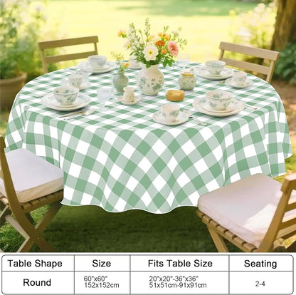 Smiry Picnic Table Cloth, Vinyl Tablecloths with Flannel Backing, 60" Round | Waterproof Picnic Table Cloth, Wipeable Buffalo Plaid Table Cover for Indoor and Outdoor (Sage Green & White)