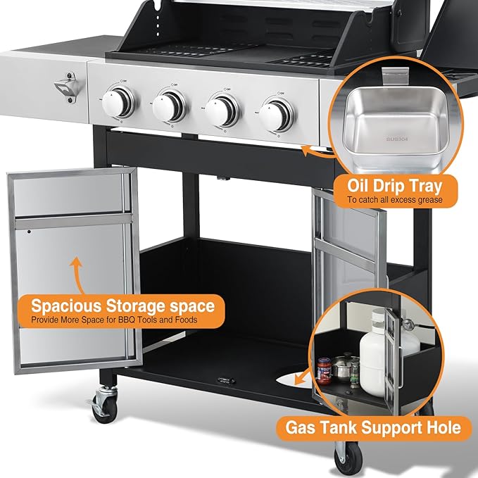 4 Burner Propane Gas Grill, 49,000 BTU Outdoor BBQ Grill with Cast Iron Grates & Griddle Combo, Large Cooking Area with Side Burner, Pullout Grease Tray, Portable for Backyard Patio