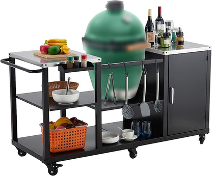 Grill Cart for Big Green Egg Style BBQ, Heavy Duty Metal Outdoor Grill Station Prep Table with Storage,BBQ Prep Table with Stainless Steel Top, Storage Cabinet, Outdoor Kitchen Island
