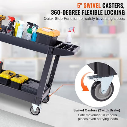 VEVOR Utility Service Cart 2 Shelf 550 lbs Heavy Duty Plastic Rolling Cart | Heavy Duty Utility Cart with 360° Swivel Wheels, Large Lipped Shelf, Ergonomic Storage Handle for Warehouse/Garage/Cleaning