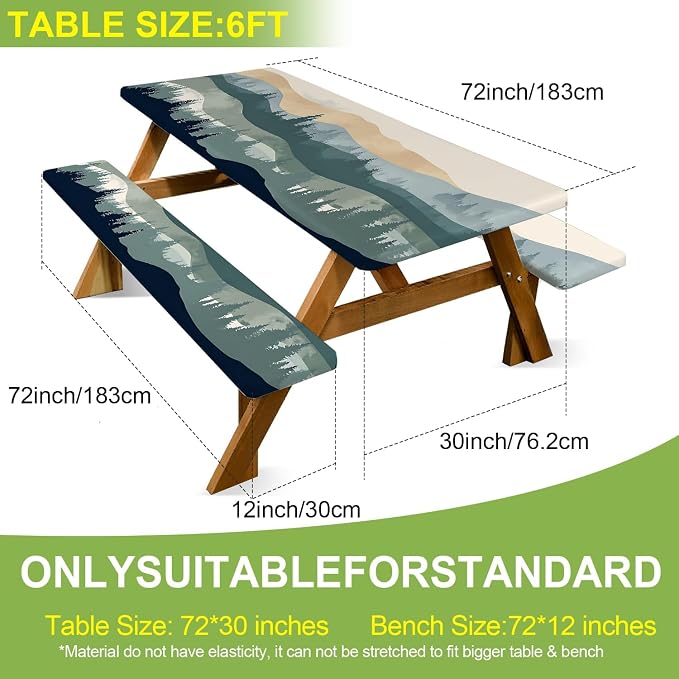 FOREVER QUEEN Picnic Table Cover with Bench Covers 72in,Waterproof Windproof Fitted Tablecloth,Mountain Forest Landscape Print Camping Essentials with Drawstring Bag for Patio,Park & Backyard