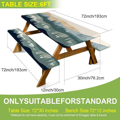 FOREVER QUEEN Picnic Table Cover with Bench Covers 72in,Waterproof Windproof Fitted Tablecloth,Mountain Forest Landscape Print Camping Essentials with Drawstring Bag for Patio,Park & Backyard