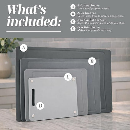 COOK WITH COLOR Non-Slip Cutting Board Set – Kitchen Essentials with Easy Grip Handle for Meat, Veggies, and Fruits, 4 Cutting Boards, Gray-New