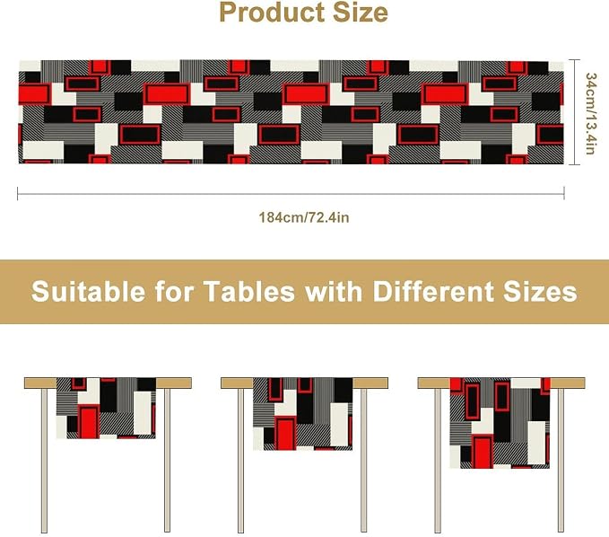 Red Gray Black Table Runners for Tabletop Decorations Mid Century Modern Abstract Geometry Lattice for Dinning Holiday Party Indoor Outdoor Decor, Abstract Lines 13x36in