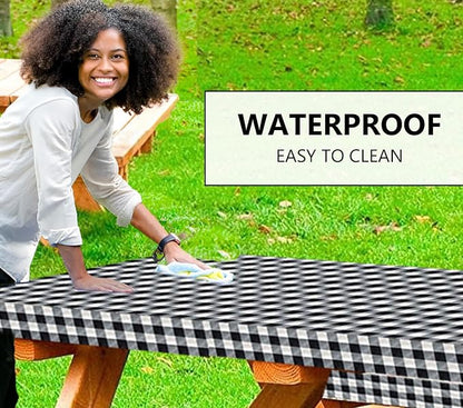 LINPRO 6ft Picnic Table Cover with Bench Covers Vinyl Fitted Picnic Table Covers with Elastic Camping Essentials and picnic tablecloth and RV Accessories with bag