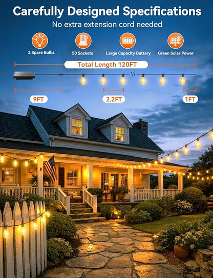 Brightever 120FT Solar String Lights Outdoor Waterproof, Patio Lights Solar Powered with Remote, 50+2 Shatterproof ST38 LED Bulbs, Dimmable&3 Lighting Modes, Hanging Outdoor Lights for Outside, Party