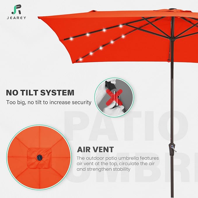 JEAREY 8x10' Rectangle LED Lighted Umbrella Patio Umbrella Outdoor w/Crank | Solar Market Umbrellas with 8 Sturdy Ribs, UV Protection Waterproof Sunproof for Pool, Deck, Backyard(Orange)