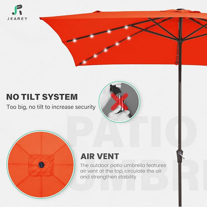JEAREY 8x10' Rectangle LED Lighted Umbrella Patio Umbrella Outdoor w/Crank | Solar Market Umbrellas with 8 Sturdy Ribs, UV Protection Waterproof Sunproof for Pool, Deck, Backyard(Orange)