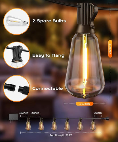 Outdoor String Lights, 50 FT Patio Lights for Outside | Smart App & Remote Control with Timer, Dimmable with 4 Scene Modes, Warm White Waterproof LED Bulbs for Garden, Yard Decor