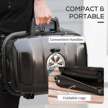 14" Portable Charcoal Grill, Tabletop Small BBQ Grill for Outdoor Cooking, Camping, Tailgating, Enamel Coated, Vent, Folding Legs, Black