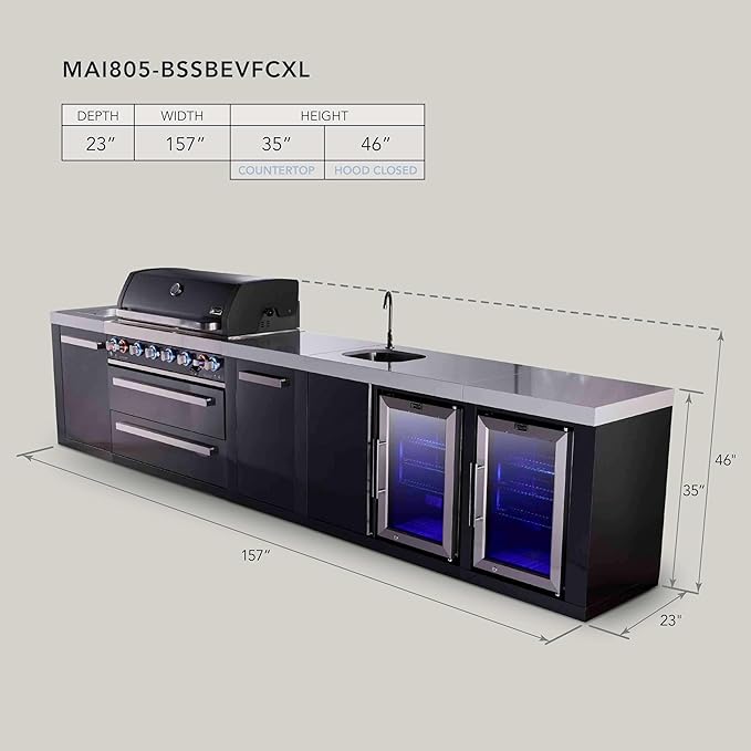 Mont Alpi Black Stainless Steel Premium 157"W Modular Outdoor Kitchen Island with 2 Refrigerators + Beverage Center Faucet & Sink + 44"W 6-Burner BBQ Grill + Side Burner + Storage Cabinets & Drawers