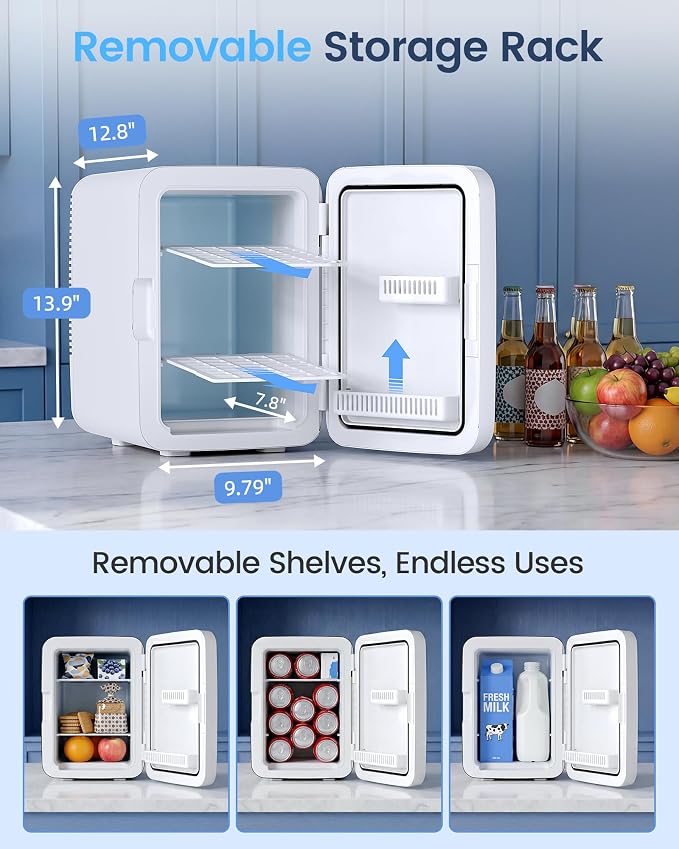 Electactic 10L Portable Mini Fridge, Compact Refrigerator, White | Quiet 2.6 gal Skincare Fridge with AC/DC Adapter for Makeup, Beverages and Food, Ideal for Bedroom, Office and Travel