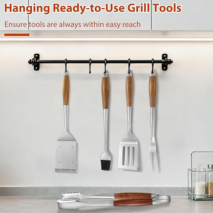 3 pcs Heavy-Duty Rose Wooden BBQ Grilling Tools Set, Extra Thick Stainless Steel Multi-Functional Spatula, Fork, Tong- an Excellent Barbecue Gift for Men