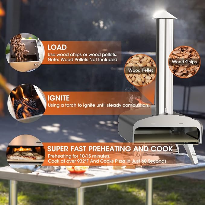 Mimiuo 12" Wood Pellet Pizza Oven Outdoor 35 Lbs – 60 Sec Bake, Stone/Peel | Heavy Duty, Portable, Complete Baking Tool with Stone, Peel & Cover, Easy Operation, for Backyard Party Outside Camping