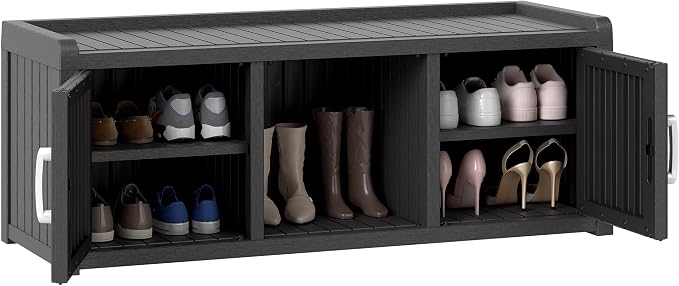 Outdoor Shoe Storage Cabinet, Waterproof UV-Resistant Resin Storage Bench Indoor Outdoor with 2 Doors, Adjustable Shelves for Entryway, Bedroom, Hallway,Living Room(Black)