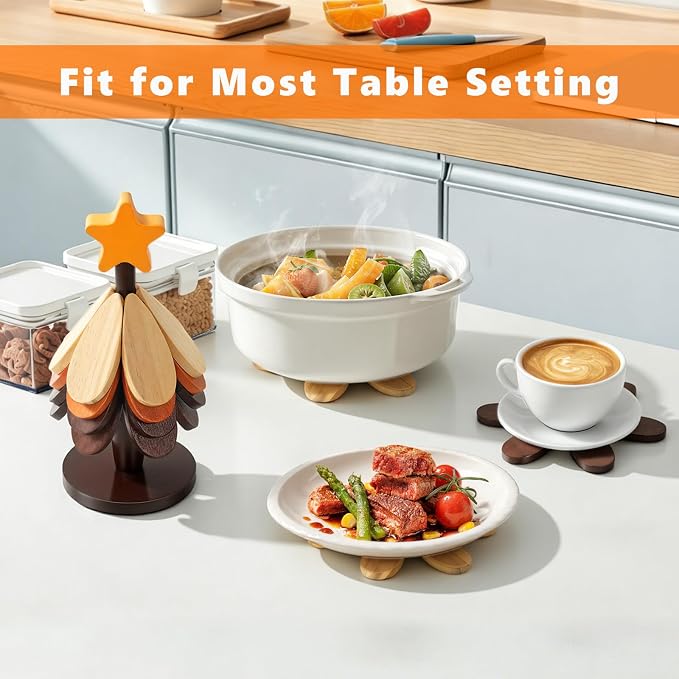 DecBeLiv Foldable Tree Trivet Wooden Hot Plate Holder, Bamboo Trivet for Hot Dishes, Heat-Resistant Pot Holder Tree for BBQ, Picnic, Outdoor Dining & Kitchen Decor