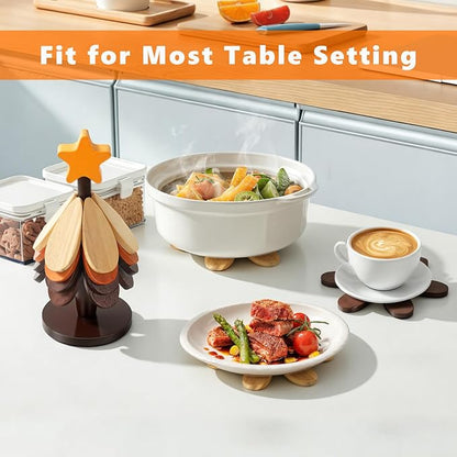 DecBeLiv Foldable Tree Trivet Wooden Hot Plate Holder, Bamboo Trivet for Hot Dishes, Heat-Resistant Pot Holder Tree for BBQ, Picnic, Outdoor Dining & Kitchen Decor