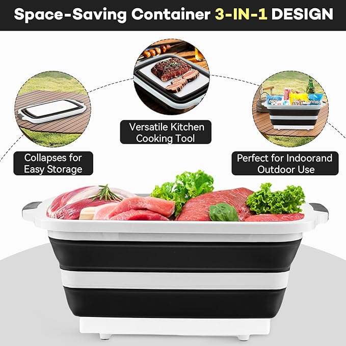BBQ Prep Tub with Lid and Cutting Board - Collapsible Barbecue Tool Set for Marinating, Grilling, BBQ Prep Station for Outdoor Cooking, Camping Kitchen Accessories & Barbecue Utensils, XX-Large Black