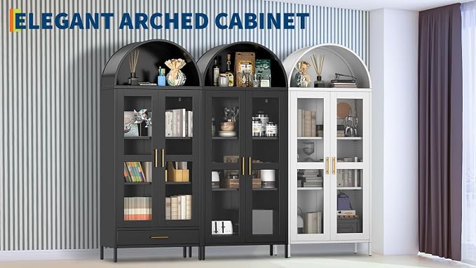 PioneerWorks 73" Arched Metal Storage Cabinet with Glass Door | 2 Adjustable Shelves | Arch-Top Storage Unit for Pantry, Living & Dining Rooms - White with Legs