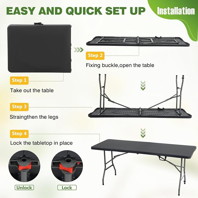 PayLessHere 6ft Folding Tables,Plastic Resin Table with Collapsible Alloy Steel Frame,Plastic Table for Indoor,Outdoor,Camping,BBQ,Picnic,Black