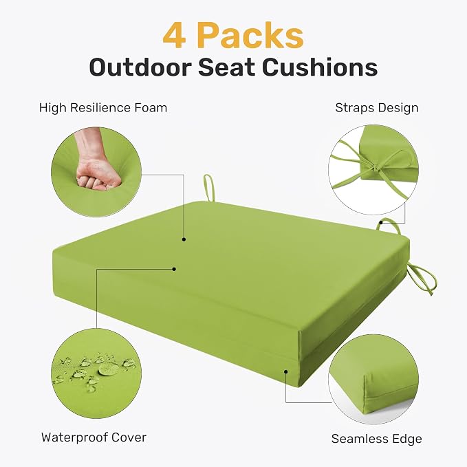 UNIKOME Outdoor Chair Cushions Pack of 4, Water Resistant Patio Cushions with Ties, High Density Sponge Filling Square Corner Seat Cushions for Outdoor Furniture, 18.5"*16"*3", Green