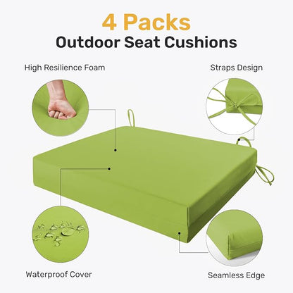 UNIKOME Outdoor Chair Cushions Pack of 4, Water Resistant Patio Cushions with Ties, High Density Sponge Filling Square Corner Seat Cushions for Outdoor Furniture, 18.5"*16"*3", Green