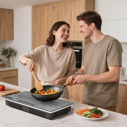 1800W Dual Induction Cooktop, Silver Wood-Grain Panel, 2×900W Burners, Touch Control, 8 Heating Levels, Timer, Black Ceramic Glass, Compatible with Magnetic Cookware